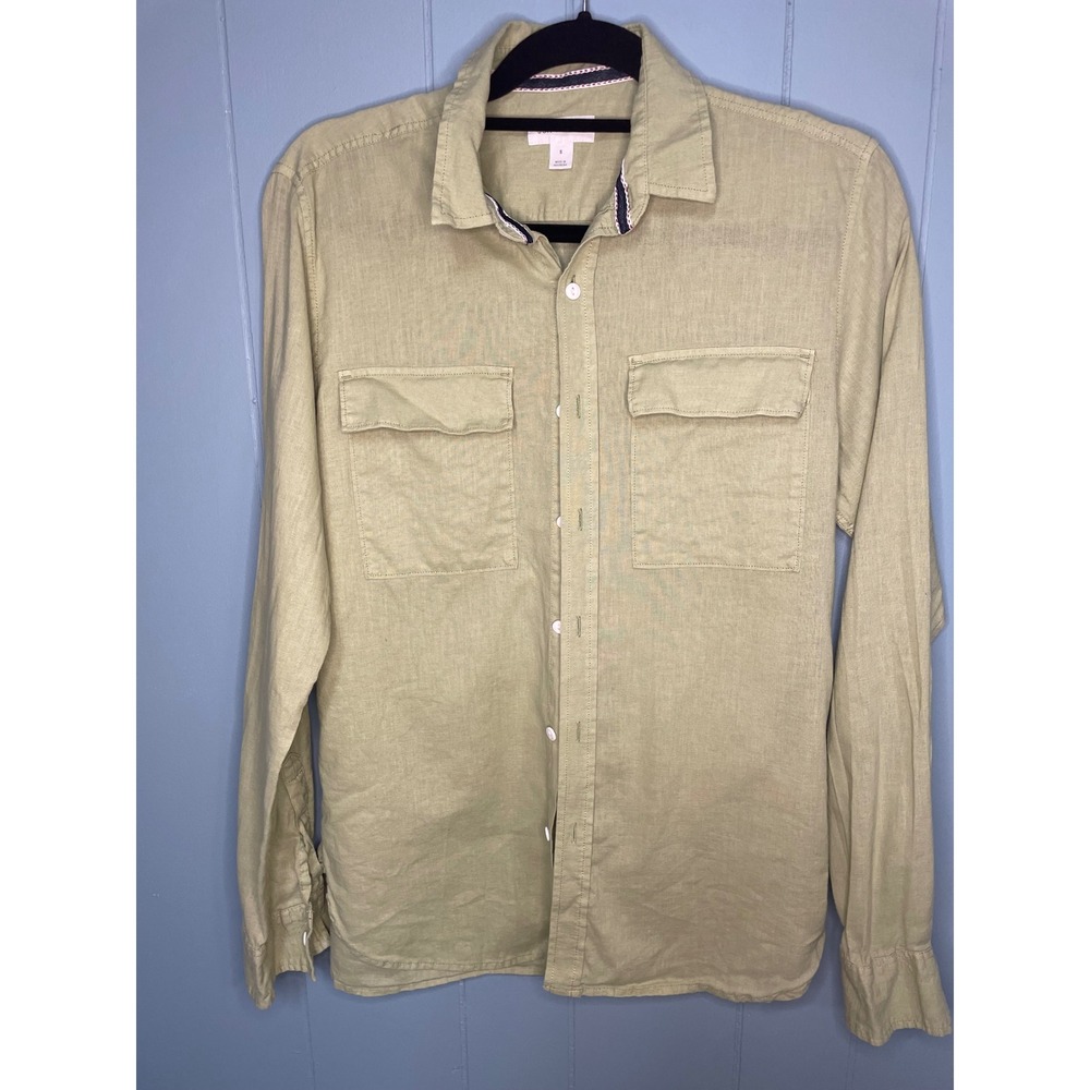 Sun + Stone Button Down Shirt Mens Small Green Excellent Linen Blend Long Sleeve